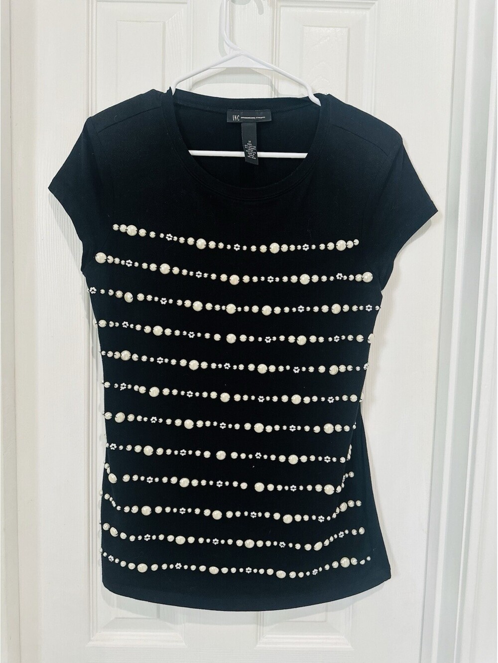 INC International Concepts Black Pearl Bead Striped Top Short Sleeves Stretch M